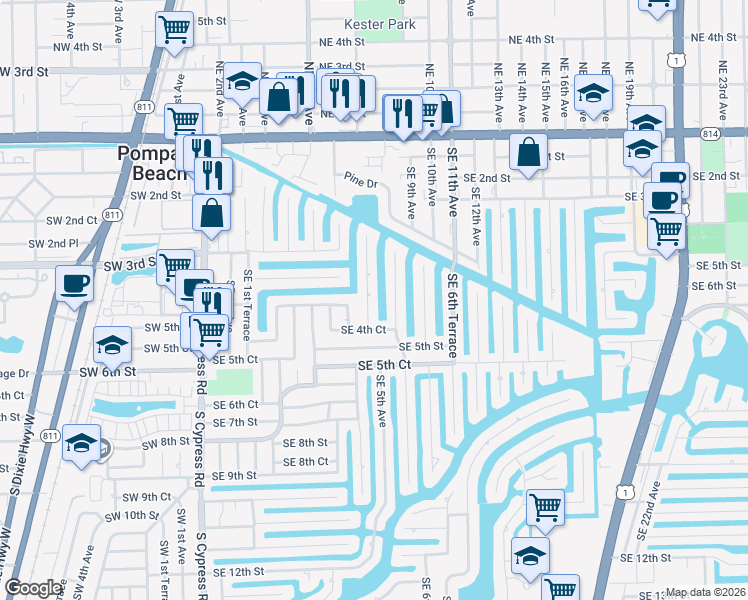 map of restaurants, bars, coffee shops, grocery stores, and more near 341 Southeast 5th Avenue in Pompano Beach