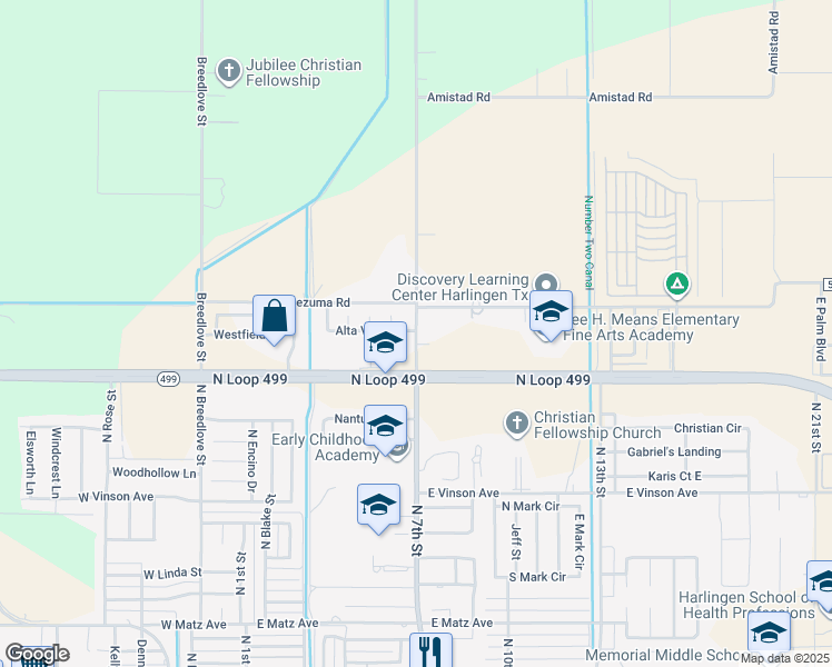 map of restaurants, bars, coffee shops, grocery stores, and more near Briggs Coleman Road in Harlingen