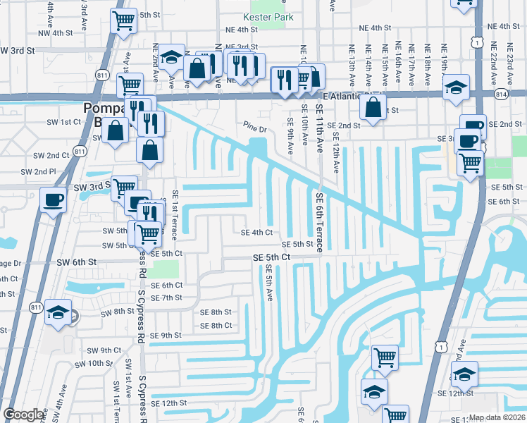 map of restaurants, bars, coffee shops, grocery stores, and more near 380 Southeast 5th Avenue in Pompano Beach
