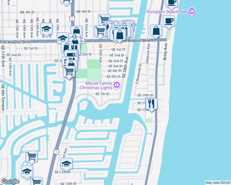 map of restaurants, bars, coffee shops, grocery stores, and more near 2701 Southeast 7th Street in Pompano Beach