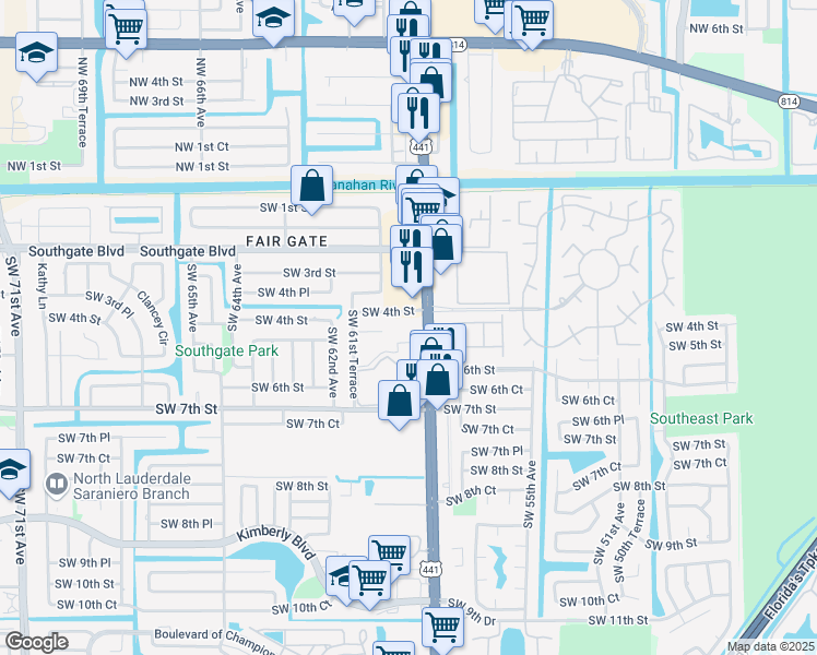 map of restaurants, bars, coffee shops, grocery stores, and more near 345 South State Road 7 in Margate