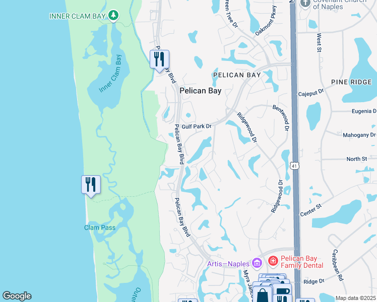 map of restaurants, bars, coffee shops, grocery stores, and more near 6320 Pelican Bay Boulevard in Naples