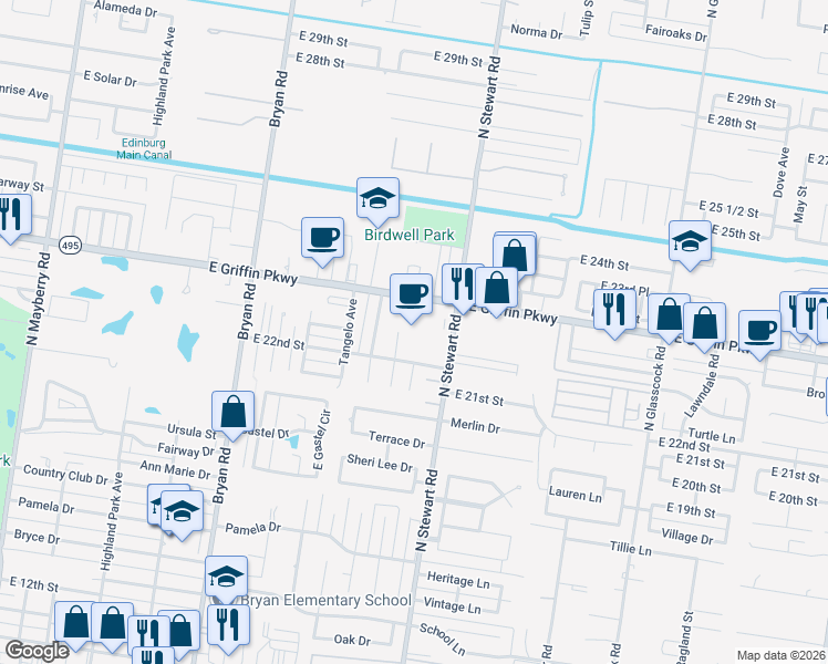 map of restaurants, bars, coffee shops, grocery stores, and more near 1499 Texas 495 in Mission