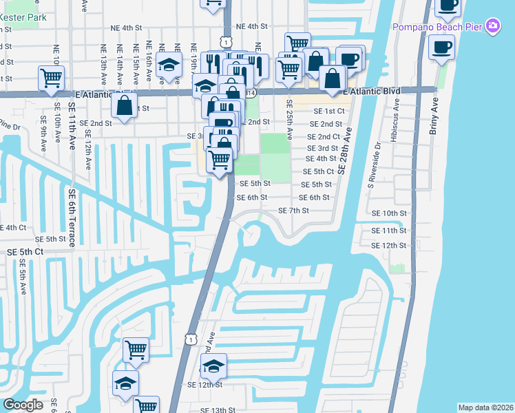 map of restaurants, bars, coffee shops, grocery stores, and more near 2223 Southeast 6th Street in Pompano Beach