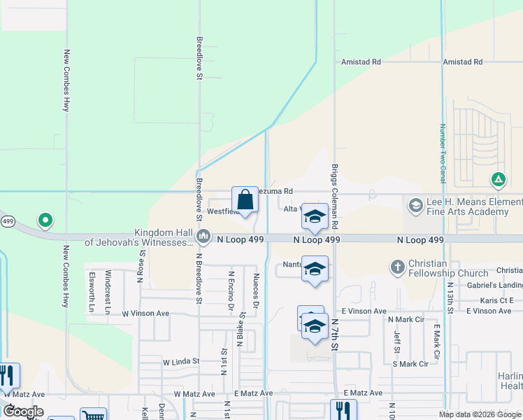 map of restaurants, bars, coffee shops, grocery stores, and more near 22937 Stone Creek Drive in Harlingen