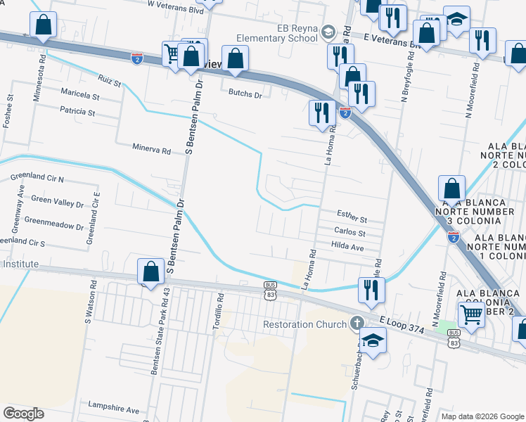 map of restaurants, bars, coffee shops, grocery stores, and more near 899 San Feliciano Street in Palmview