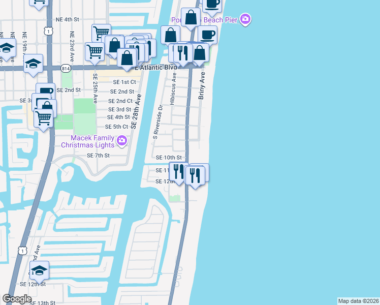 map of restaurants, bars, coffee shops, grocery stores, and more near 801 Briny Avenue in Pompano Beach