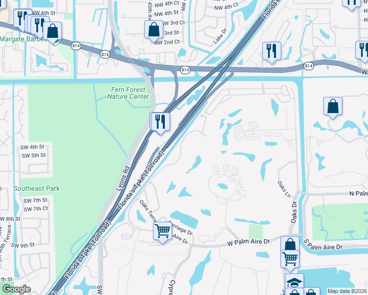 map of restaurants, bars, coffee shops, grocery stores, and more near 576 West Palm Aire Drive in Pompano Beach