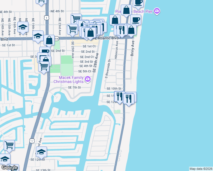 map of restaurants, bars, coffee shops, grocery stores, and more near 3203 Southeast 8th Street in Pompano Beach