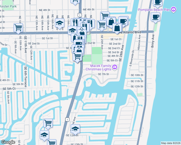 map of restaurants, bars, coffee shops, grocery stores, and more near 2223 Southeast 6th Street in Pompano Beach
