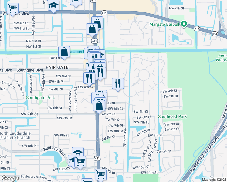 map of restaurants, bars, coffee shops, grocery stores, and more near 5521 Monte Carlo Place in Margate