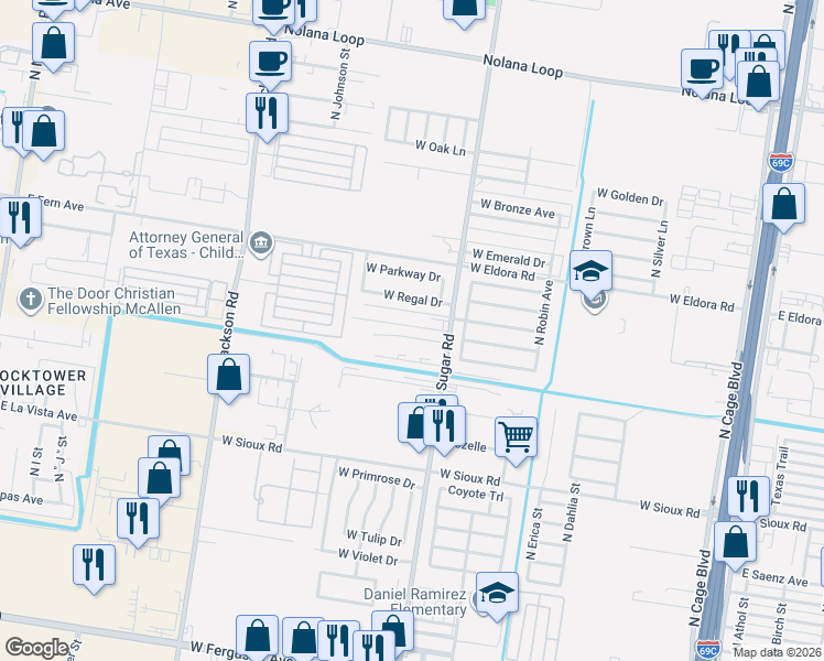 map of restaurants, bars, coffee shops, grocery stores, and more near 3515 North Sugar Road in Pharr