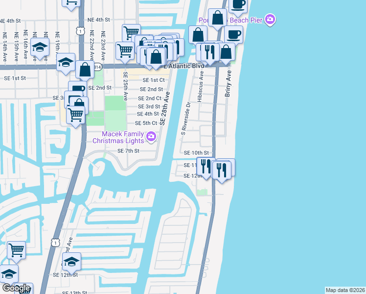 map of restaurants, bars, coffee shops, grocery stores, and more near 3203 Southeast 8th Street in Pompano Beach