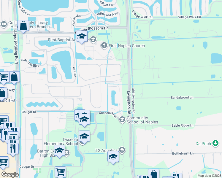 map of restaurants, bars, coffee shops, grocery stores, and more near 13651 Manchester Lane in Naples