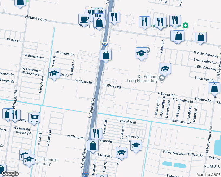 map of restaurants, bars, coffee shops, grocery stores, and more near 123 East Eldora Road in Pharr