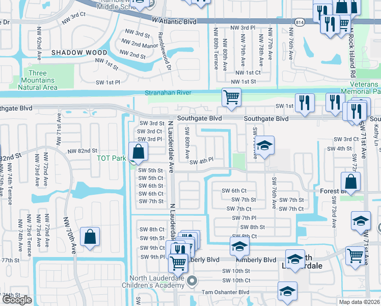 map of restaurants, bars, coffee shops, grocery stores, and more near 410 Southwest 79th Terrace in North Lauderdale