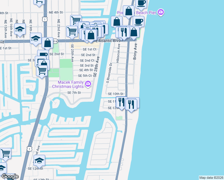 map of restaurants, bars, coffee shops, grocery stores, and more near 3203 Southeast 8th Street in Pompano Beach