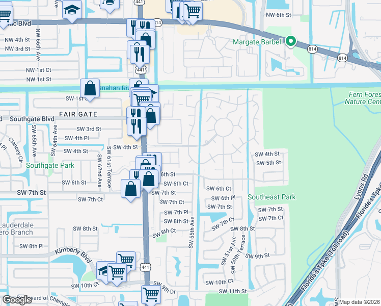 map of restaurants, bars, coffee shops, grocery stores, and more near 431 South Cortez Drive in Margate