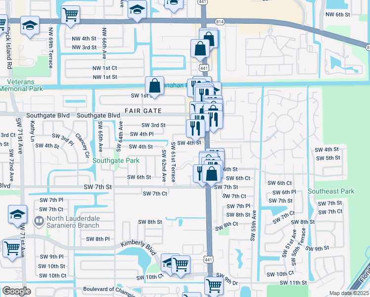 map of restaurants, bars, coffee shops, grocery stores, and more near 6141 Southwest 4th Street in Margate