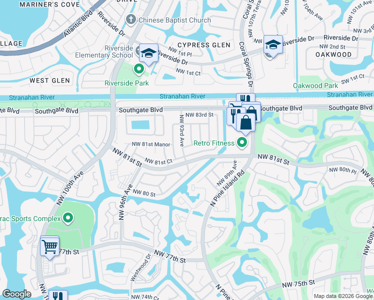 map of restaurants, bars, coffee shops, grocery stores, and more near 8110 Northwest 93rd Avenue in Tamarac