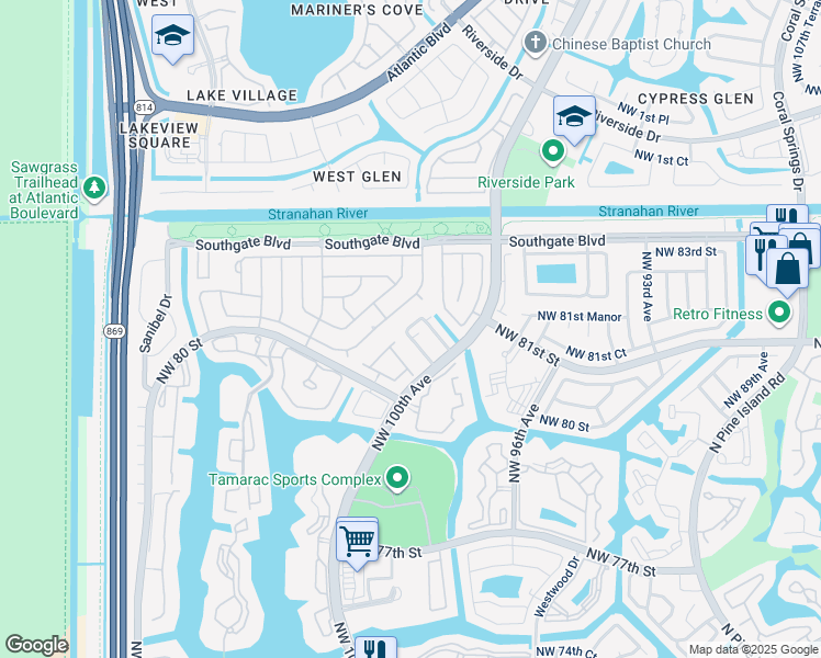 map of restaurants, bars, coffee shops, grocery stores, and more near 10137 South Nob Hill Circle in Tamarac