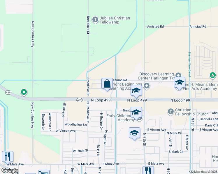map of restaurants, bars, coffee shops, grocery stores, and more near 20461 Oak Hollow Lane in Harlingen