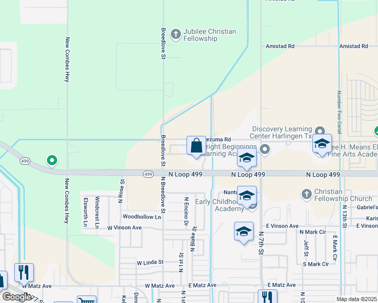 map of restaurants, bars, coffee shops, grocery stores, and more near 20461 Oak Hollow Lane in Harlingen