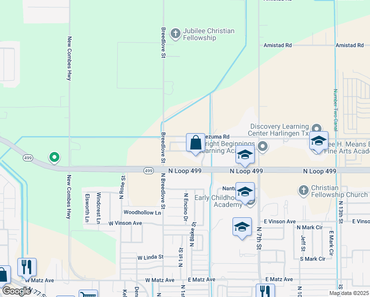map of restaurants, bars, coffee shops, grocery stores, and more near 20461 Oak Hollow Lane in Harlingen