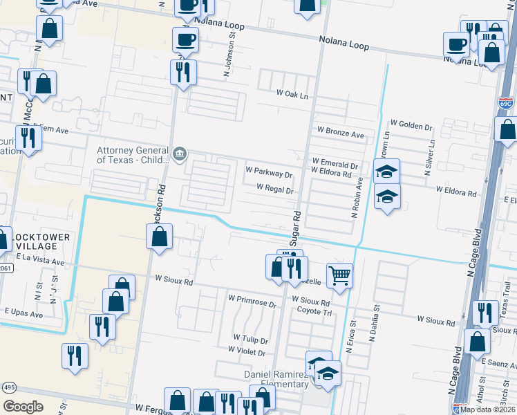 map of restaurants, bars, coffee shops, grocery stores, and more near 3515 North Sugar Road in Pharr