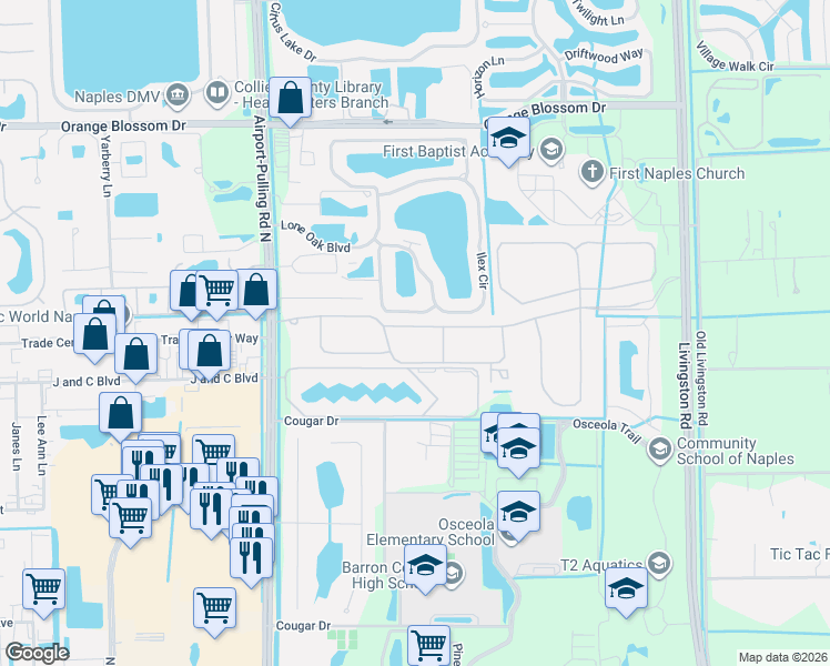 map of restaurants, bars, coffee shops, grocery stores, and more near 13465 Monticello Boulevard in Naples