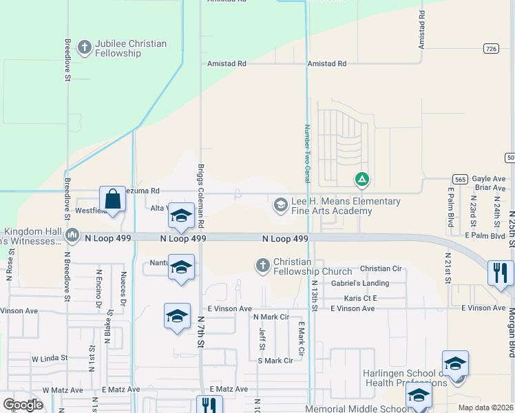 map of restaurants, bars, coffee shops, grocery stores, and more near 21018 Montezuma Rd in Harlingen