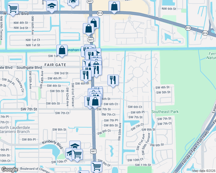 map of restaurants, bars, coffee shops, grocery stores, and more near 5521 Monte Carlo Place in Margate