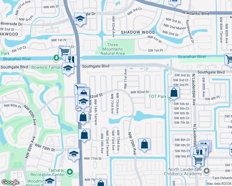 map of restaurants, bars, coffee shops, grocery stores, and more near 7103 Northwest 82nd Street in Tamarac