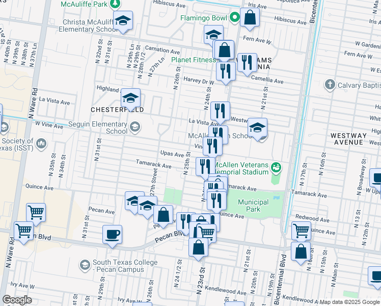 map of restaurants, bars, coffee shops, grocery stores, and more near 2428 Upas Avenue in McAllen