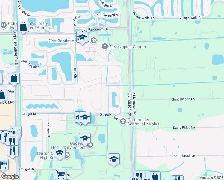 map of restaurants, bars, coffee shops, grocery stores, and more near 13644 Manchester Lane in Naples