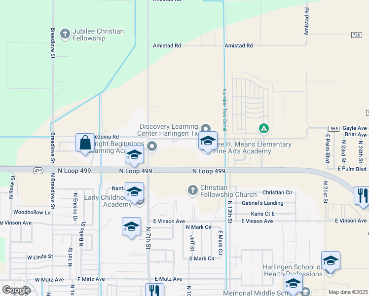 map of restaurants, bars, coffee shops, grocery stores, and more near 20994 Montezuma Road in Harlingen