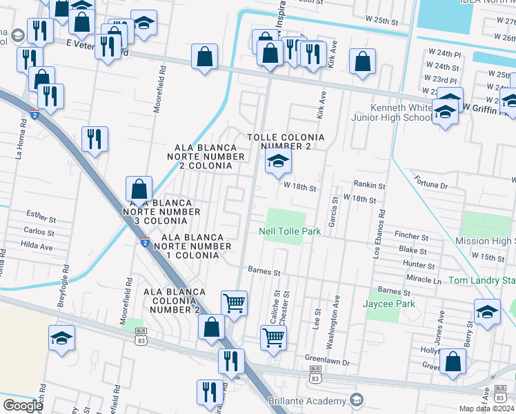 map of restaurants, bars, coffee shops, grocery stores, and more near 1612 North Inspiration Road in Mission