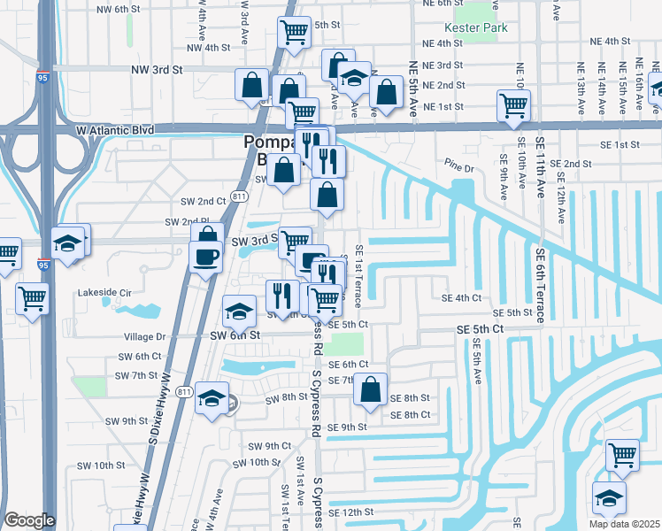 map of restaurants, bars, coffee shops, grocery stores, and more near 341 Southeast 1st Avenue in Pompano Beach