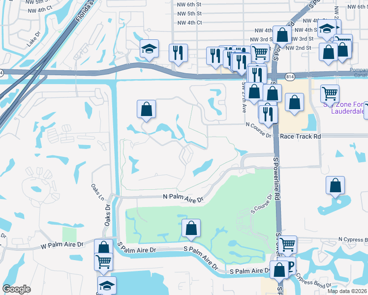 map of restaurants, bars, coffee shops, grocery stores, and more near 108 North Course Drive in Pompano Beach