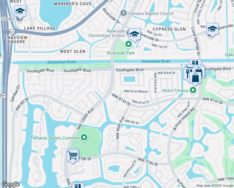 map of restaurants, bars, coffee shops, grocery stores, and more near 8110 Prestige Commons Drive in Tamarac