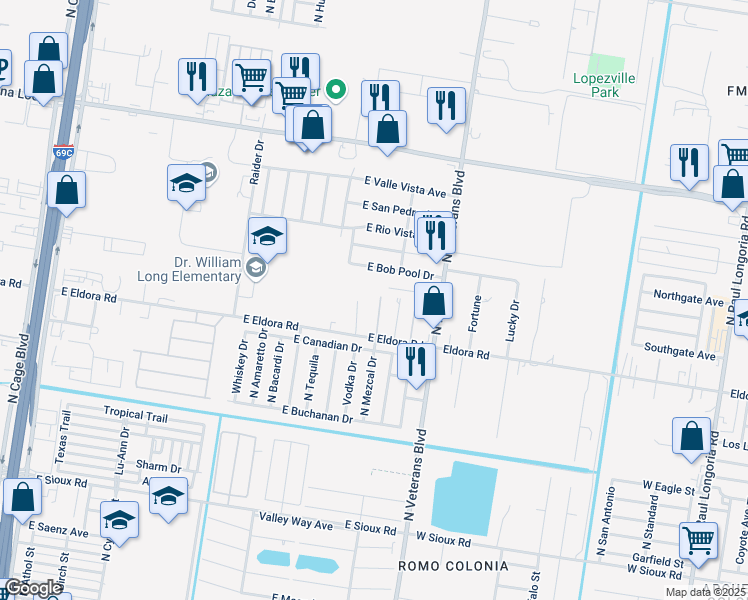 map of restaurants, bars, coffee shops, grocery stores, and more near 1106 East Bob Pool Drive in Pharr