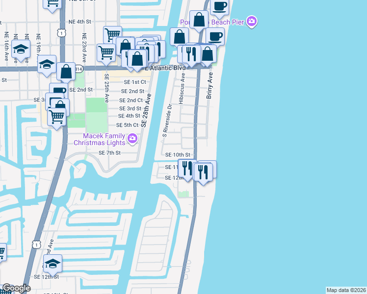 map of restaurants, bars, coffee shops, grocery stores, and more near 3251 Southeast 8th Street in Pompano Beach