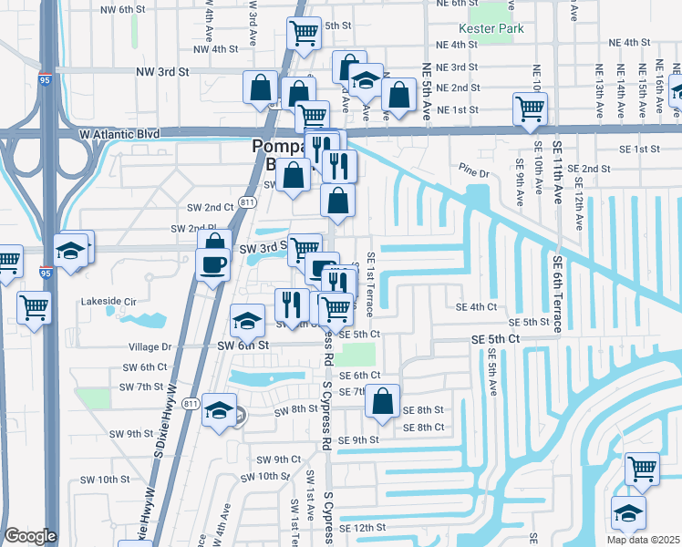 map of restaurants, bars, coffee shops, grocery stores, and more near 341 Southeast 1st Avenue in Pompano Beach