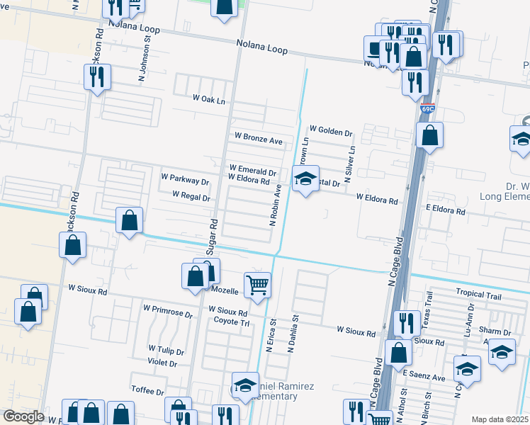 map of restaurants, bars, coffee shops, grocery stores, and more near 715 West Chickadee Avenue in Pharr
