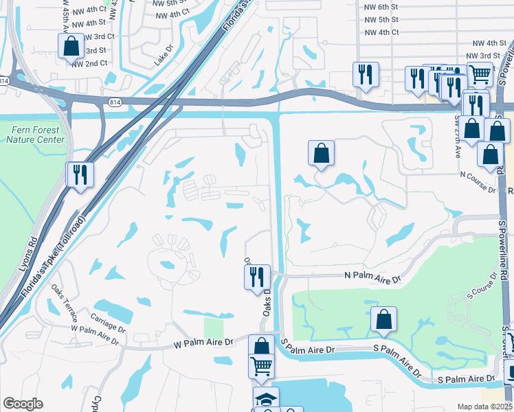 map of restaurants, bars, coffee shops, grocery stores, and more near 535 Oaks Drive in Pompano Beach