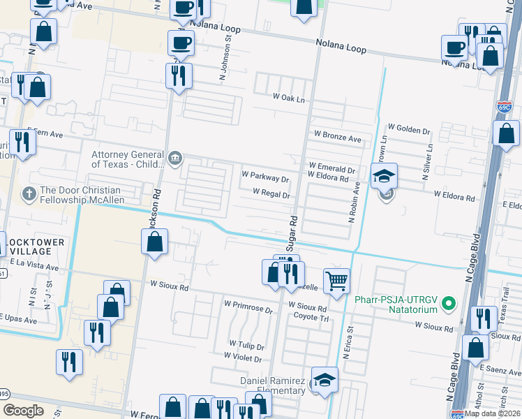 map of restaurants, bars, coffee shops, grocery stores, and more near 3515 North Sugar Road in Pharr
