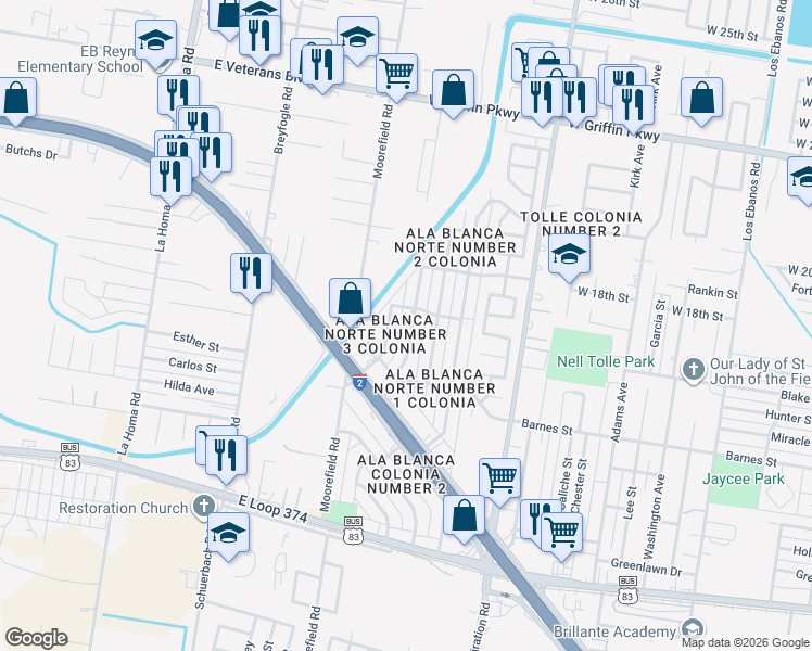map of restaurants, bars, coffee shops, grocery stores, and more near 1605 Judy Street in Mission