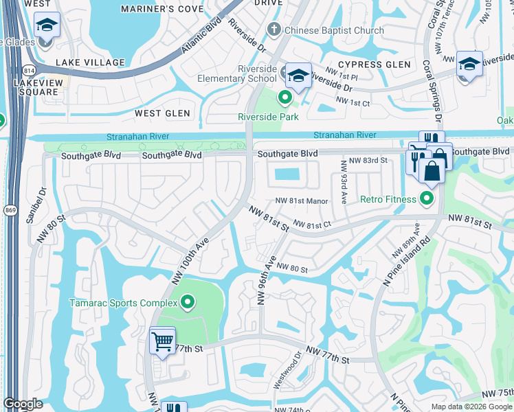 map of restaurants, bars, coffee shops, grocery stores, and more near 8110 Prestige Commons Drive in Tamarac