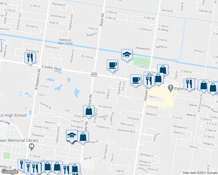 map of restaurants, bars, coffee shops, grocery stores, and more near 2198 Sugar Lane in Mission