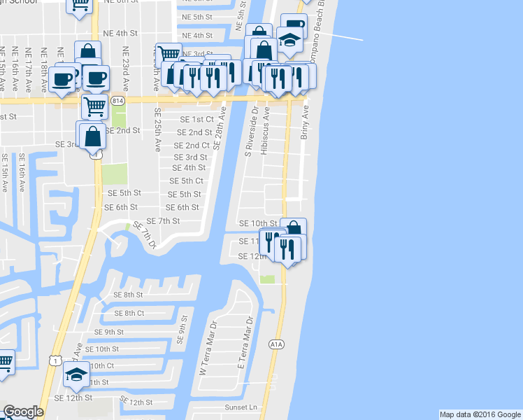 map of restaurants, bars, coffee shops, grocery stores, and more near 3251 Southeast 8th Street in Pompano Beach